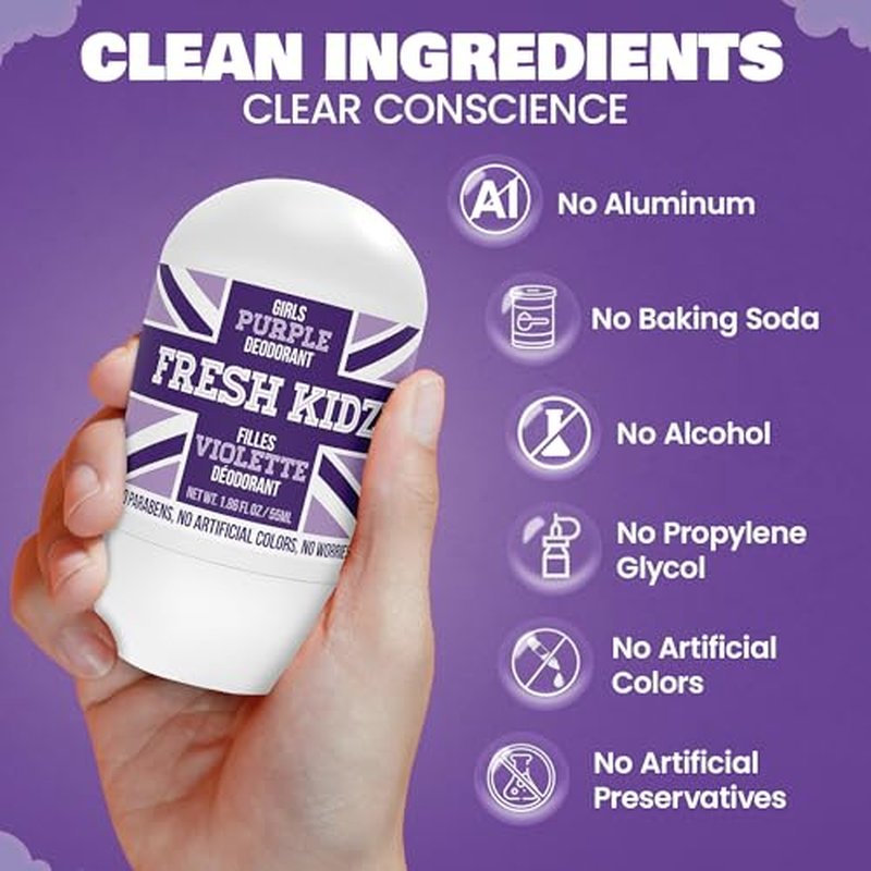Fresh Kidz Roll On Deodorant for Kids and Teens - Baking Soda and Aluminum-free 24 Hour Protection for Sensitive Skin - Girls "Purple" 1.86 fl.oz. (2 Pack)