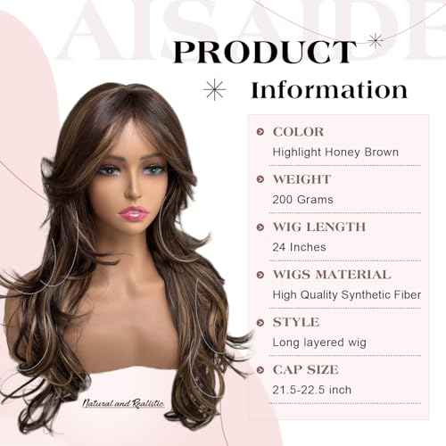 Aisaide Highlight Honey Brown Mix Dark Blonde Long Wavy Wig Layered with Curtain Bangs for Black Women Synthetic Highlight Brown Layered Wig Long Wavy Shaggy for Women 24inch