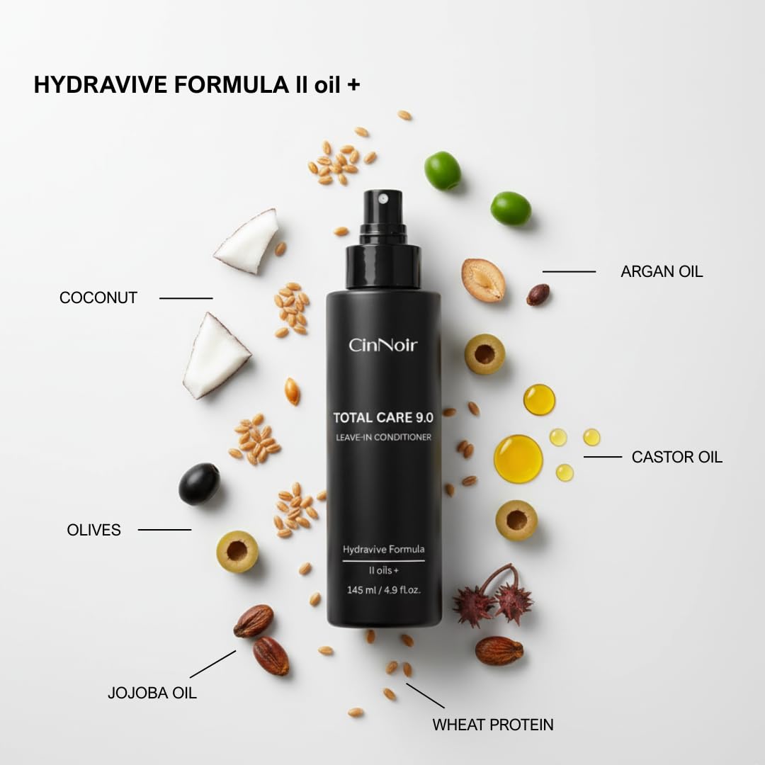 CinNoir Total Care 9.0 Leave-In Conditioner Spray, 2 Layer Conditioner, Frizz Control and Detangler, Silicone Free, Conditioner for Dry Damaged Hair, Women & Men, Hair Conditioner for All Hair Types