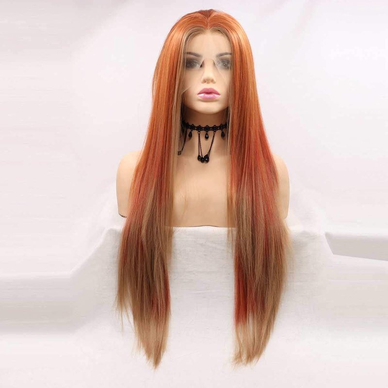 Xiweiya Wig Long Red Brown Wig with Blonde Synthetic Lace Front Wig Hightlight Long Soft Wig Silky Straight Hair Replacement Wig for Women, Drag Queen Makeup 24 inch