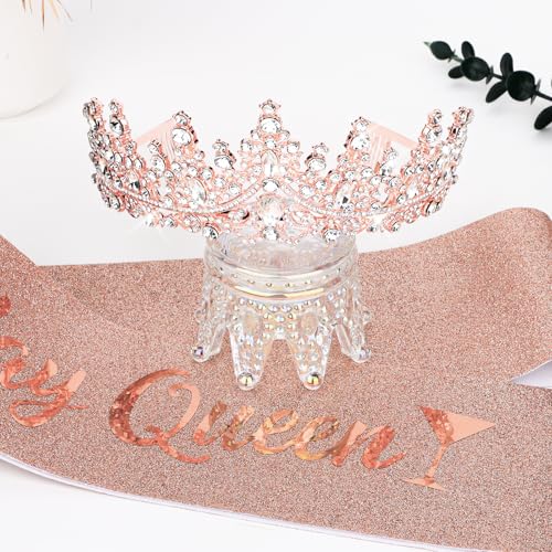 CURASA Rose Gold Birthday Sash and Crown - Crystal Tiaras for Women & Girls - Princess Crowns for Party Gifts