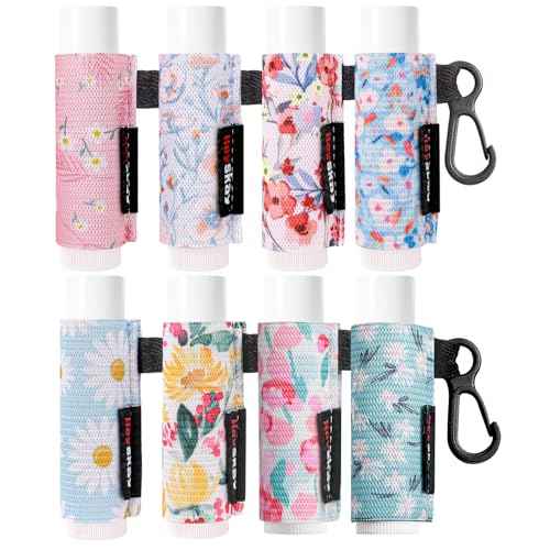 HEYSKAY 8PCS Lip Balm Holder Sleeves Keychain Lipstick Holder Key Chain Lip Gloss Holder Lipstick Elastic Sleeve(Floral Set B-8PCS)