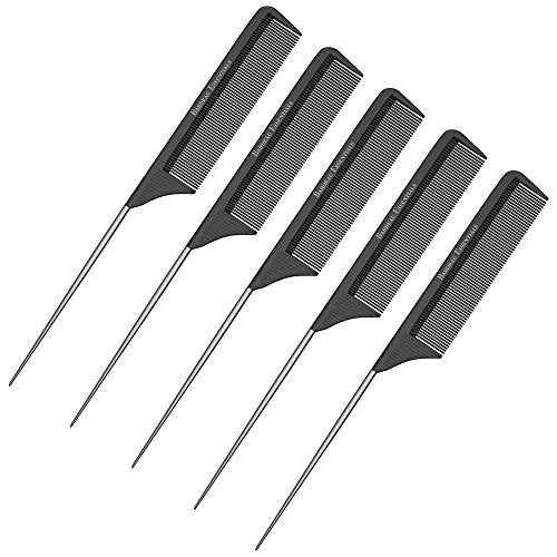 Professional 8.8 Inch Tail Comb (5 Pack) - Black Carbon Fiber and Stainless Steel Pintail - Anti Static and Heat Resistant Teasing Comb - Lightweight for All Hair Types