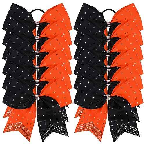 CEELGON Large Rhinestones Cheer Bows, 12 PCS Glitter 7" Cheer Bows Ponytail Holder for Cheerleaders Girls Softball Sports Competition (Orange/Black)