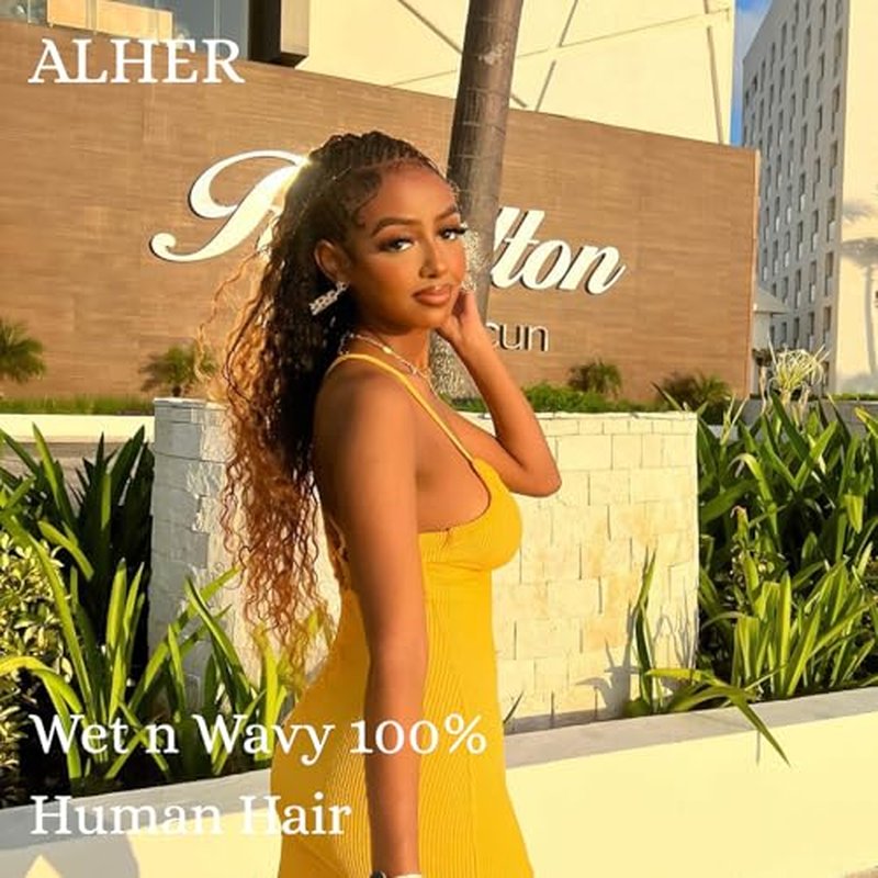 ALHER 12A Ombre Human Hair 3 Bundles Water Wave, Salon Quality Soft Thick Chestnut Brown Ombre Curly Bundles Wet and Wavy 100% Remy Hair #T1B/2/30 Dark Root to Medium Auburn Sew In Weave 10/12/14 Inch