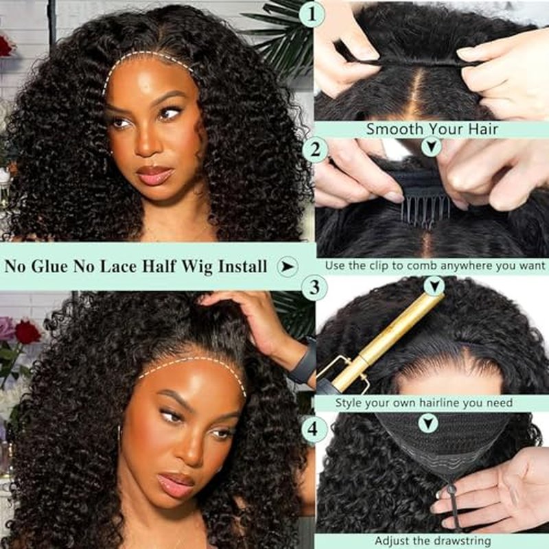 Burmese Curly Half Wigs Human Hair 3 In 1 Seamless Flip Over Half Wigs With Drawstring for Women Glueless Wig Human Hair with Spiral End,Water Wave Headband Wig,Beginner Friendly,200% Density (18inch)