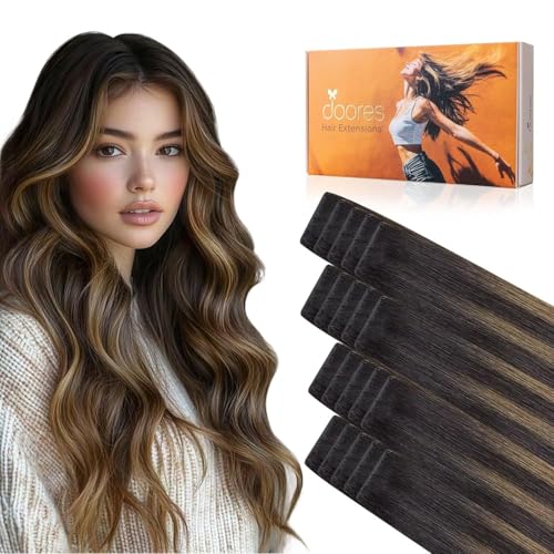 DOORES Invisible Tape in Hair Extensions Human Hair Invisi Edge, Dark Brown to Chestnut Brown 10 Injection Tape-ins with 10 Injection Tape-ins 50g 18 Inch, Human Tape in Extensions