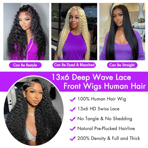 28 Inch Deep Wave Lace Front Wigs Human Hair Pre Plucked 13x6 HD Lace Front Wigs Human Hair 200 Density 13x6 Lace Frontal Deep Wave Wig Natural Color Glueless Deep Curly Wig for Women