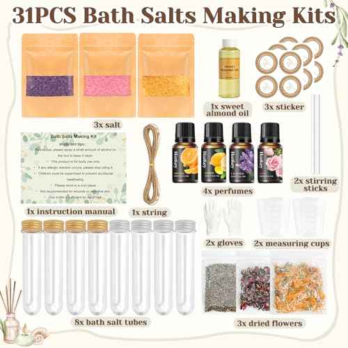 Bath Salts Making Kit- 31PCS DIY Bath Salts Making Kit, Make Your Own Sea Bath Salt, Relaxation Gifts for Women, Lavender, Rose, Body Care Spa Set, Organic Salt Scrubs Gifts for Women & Men