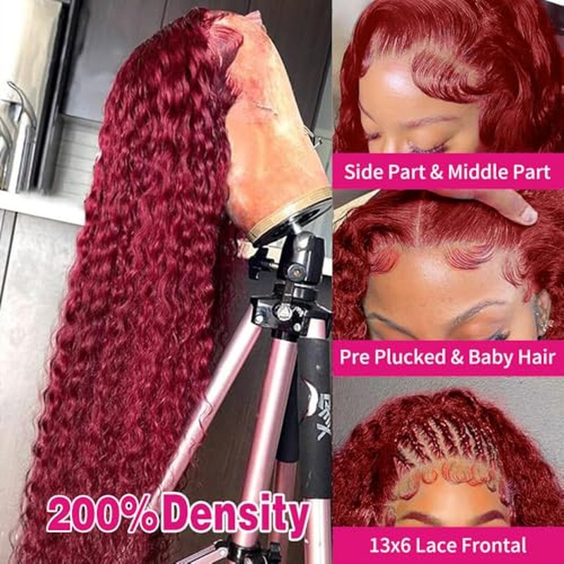 99J Burgundy Deep Wave 13x6 Lace Front Wigs Human Hair 200% Density Lace Frontal Wigs Human Hair Pre Plucked 99j Burgundy Deep Curly Wave HD Lace Front Wigs for Women (20Inch)