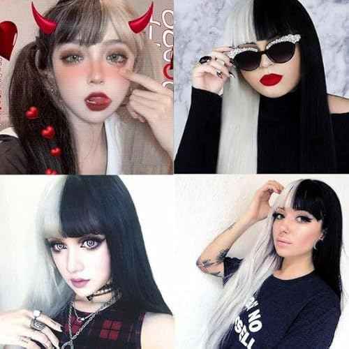 28 inch Long Straight Black and White Cosplay Wig with Bangs Natural Hair Fiber Synthetic Wig for Women and Girls, Perfect for Halloween,Holidays, Festivals, Christmas, Parties, and Cosplay