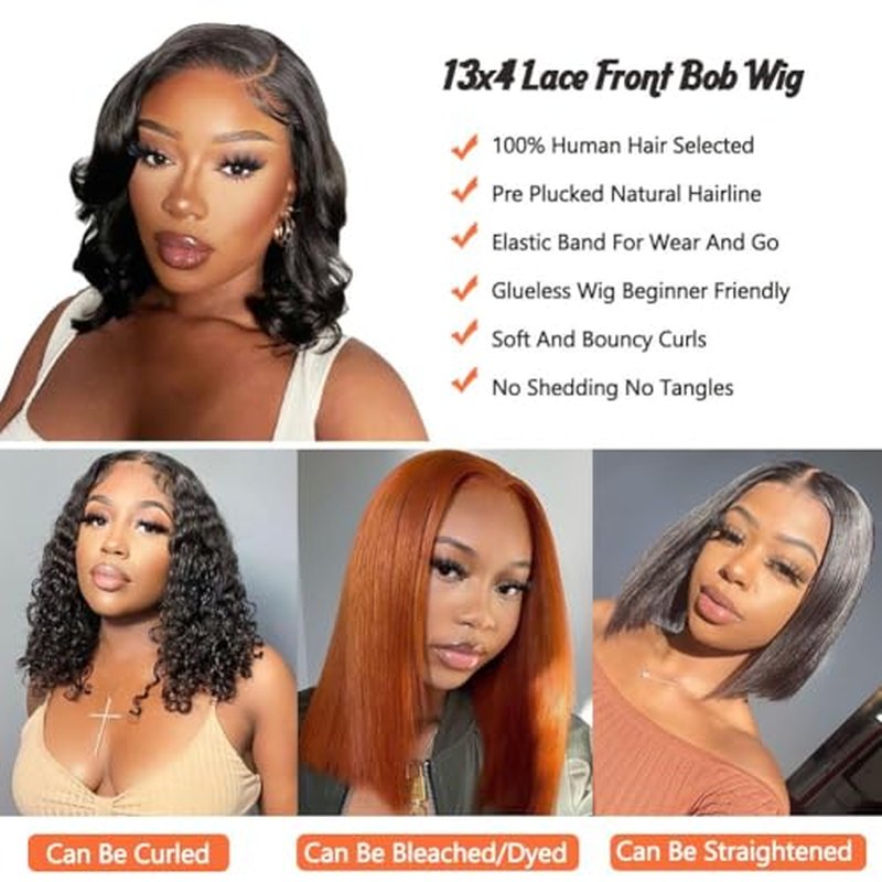 16 Inch Wavy Bob Wig Human Hair 13x4 Glueless Lace Front Wigs Pre Plucked Transparent HD Lace Frontal Wigs Loose Wavy Human Hair Wig Short Bob Wig