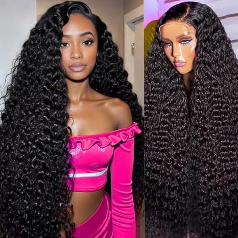 13x6 Deep Wave Lace Front Wigs Human Hair 220 Density HD Transparent Pre Plucked Deep Curly Frontal Wigs Human Hair for Women Natural Black 34 Inch