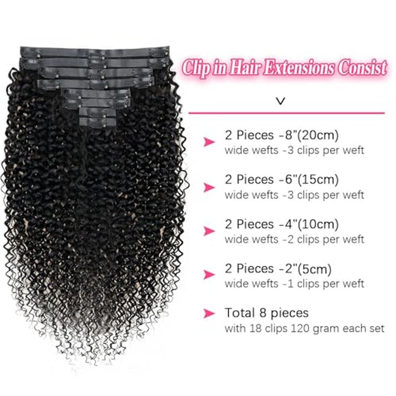 Seamless Clip In Hair Extensions Real Human Hair Invisible PU Kinky Curly Clip Ins Human Hair Extensions 8pcs with 18Clips Per Set 120g(26inch,Natural Black)