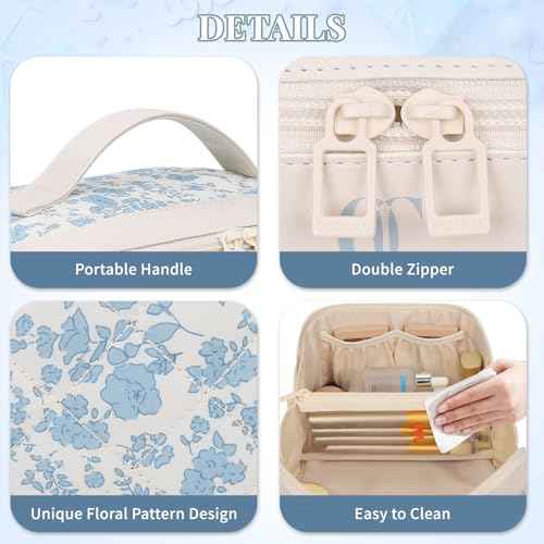 Travel Makeup Bag Organizer Cosmetic Bag, 2Pcs Floral Make up Bag Portable Pouch Open Flat Pouch Clear Divider and Handle