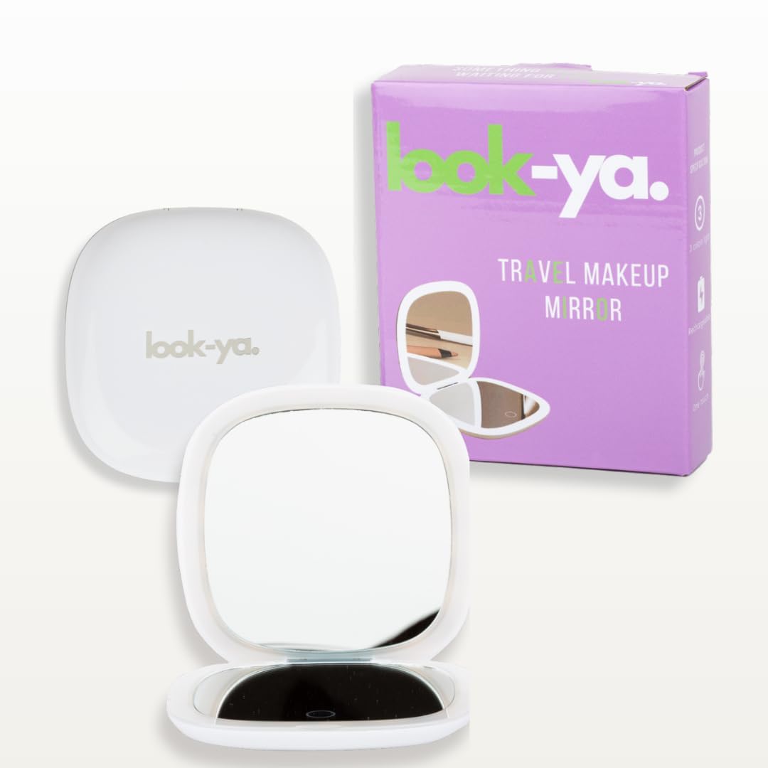 look-ya Compact LED Magnifying Travel Makeup-Mirror - 4 inches 1X/10X Magnification Small Hand Pocket Dimmable Double Sided USB Rechargeable Touch Screen, Portable Tabletop Cosmetic