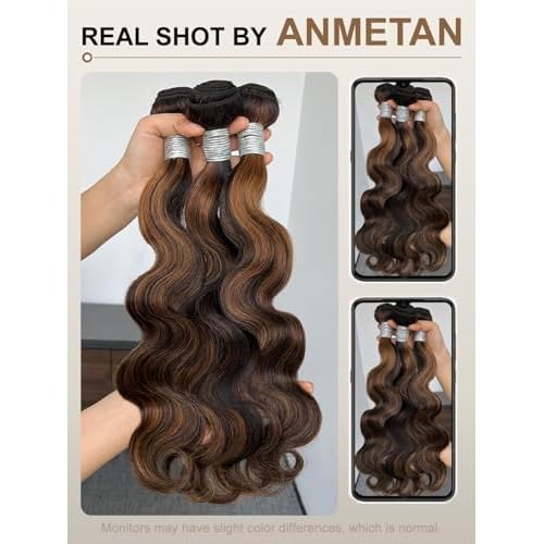 12A F1B/30 Highlight Human Hair Bundles Body Wave 18 Inch, Balayage Colored Black with Brown Ombre Single Wavy Bundle Double Weft Soft and Thick 100% Unprocessed Brazilian Remy Hair