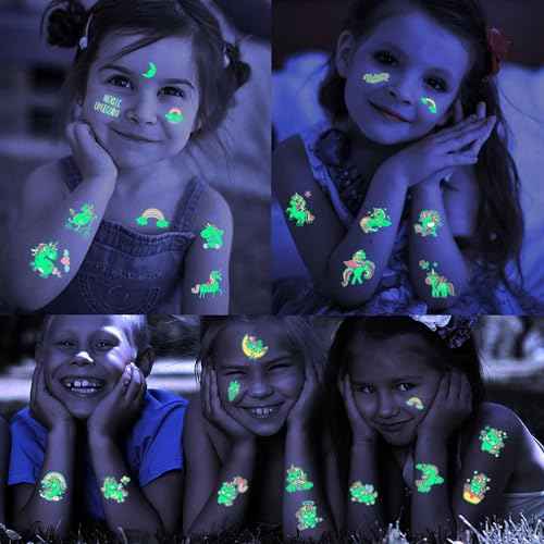 15 Sheets Unicorn Glow in The Dark Temporary Tattoos for Kids Girls Toddler Cute Fun Glitter Night Luminous Waterproof Fake Tattoo Sticker For Children Birthday Gifts Party Supplies Favor