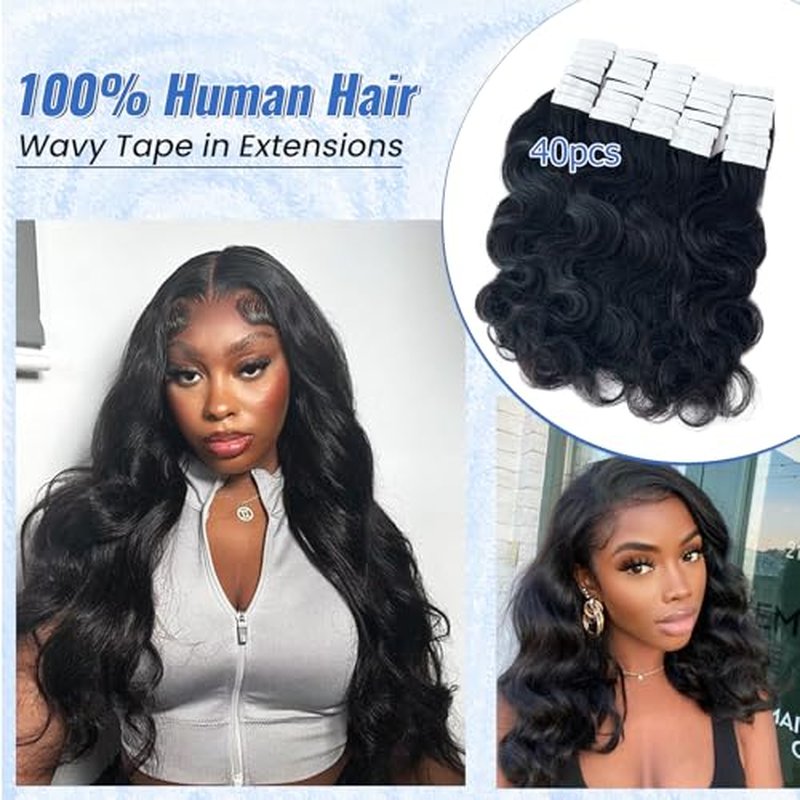 Long Curly Tape in Hair Extensions Natural Color 22 Inch Body Wave Tape in Human Hair Extensions 40PCS 100G Thick and Full Invisible Tape ins Body Wave Real Remy Human Hair Pieces Black