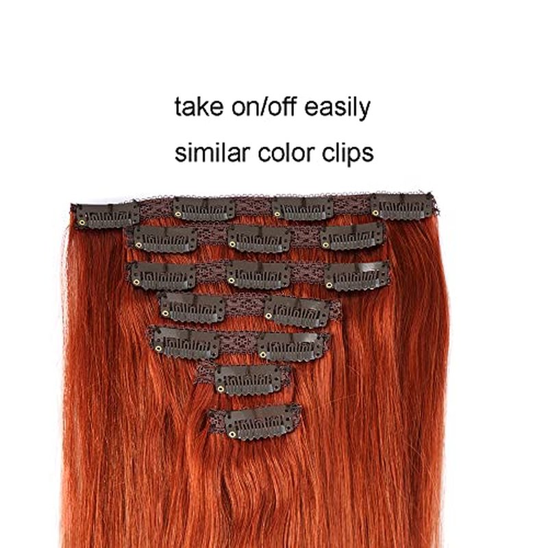 18" Clip in Human Hair Extensions Full Head 150g 7 Pieces 16 Clips #350 Copper Red Double Weft Brazilian Real Remy Hair Extensions Thick Straight Silky (18" 150g, #350)