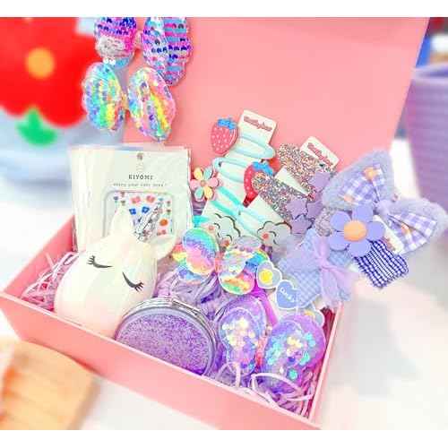 Hair Accessories Gift Set for Kids Purple Hair Clips Barrettes Ponytail Ties Bows Headbands with Mirror Unicorn Comb Gift Box for Daughter Teens Childs Little Girls