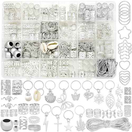 Fscwlmon 309Pcs Hair Jewelry for Women Braids,Hair Loc Cuff Coils Rings for Dreadlock Accessories,Locs Hair Tube Beads Decorations,Braid Clips Hair Charms Braids Accessories Silvery