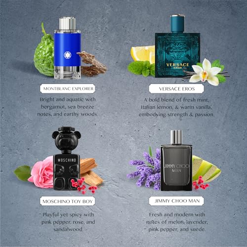 Mens Cologne Gift Sets Bundle Mini Bottle ? Designer Mens Cologne Sampler Sets with Refillable Atomizer ? Box Includes Versace, Moschino, Mont Blanc, Jimmy Choo Travel Size (0.17 Oz Each)