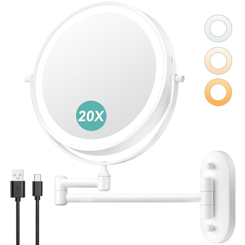 Auxmir 8'' Wall Mounted Lighted Makeup Mirror, 3200mAh Rechargeable Double-Sided 1X/20X Magnifying Mirror with Light, Touch Dimmable 3 Color Light, 360° Rotation Foldable Extended Arm, White