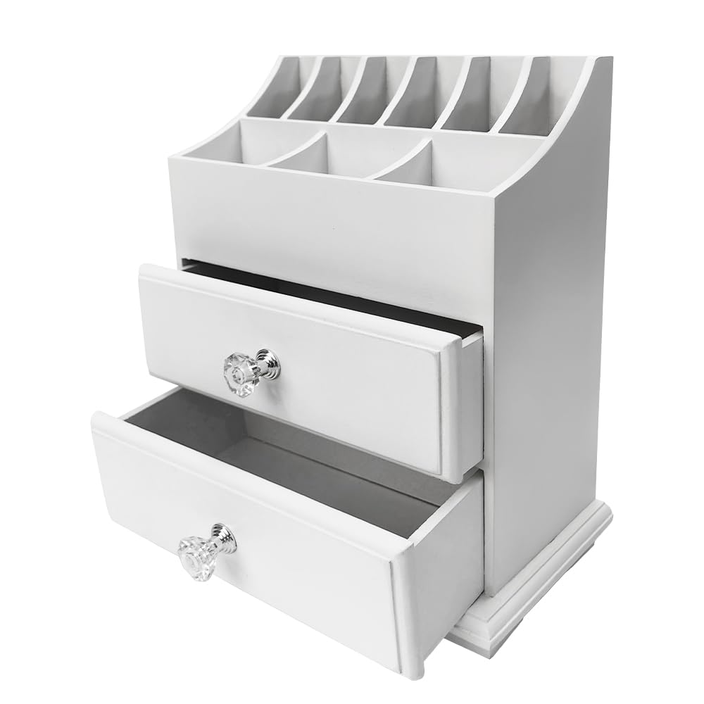 White Wood Cosmetics Organizer Makeup & Beauty Accessories Storage Rack with Drawers for Neat & Organize Storing of Makeup Tools Small Accessories at Home & Office Vanities & Bathroom Counter-top