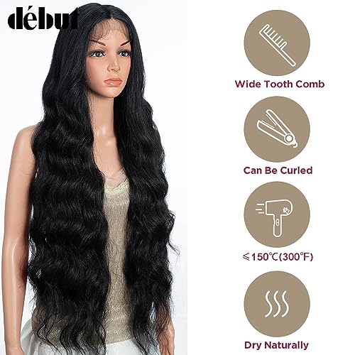 D?BUT 13x4 T Part Lace Front Body Wave Synthetic Wig Extra Long Wavy Middle Part Wigs Pre Plucked Hairline with Baby Hair 36 Inches 1B Color
