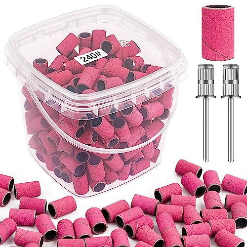 Rolybag Sanding Bands for Nail Drill 240 Grit Extreme Fine Nail Sanding Bands 200Pcs Pink Professional Sanding Bands and 2Pcs Nail Drill Bits for Manicures and Pedicure