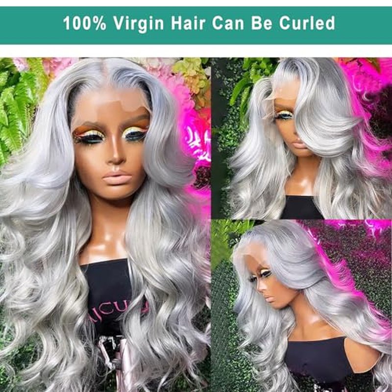 Munx Human Hair Lace Front Wig for Black Women 180% Density Thick 13x6 HD Transparent Glueless Wigs Wear and Go Silver Grey Real Human Hair Straight Pre Plucked Lace Front Wigs 22"