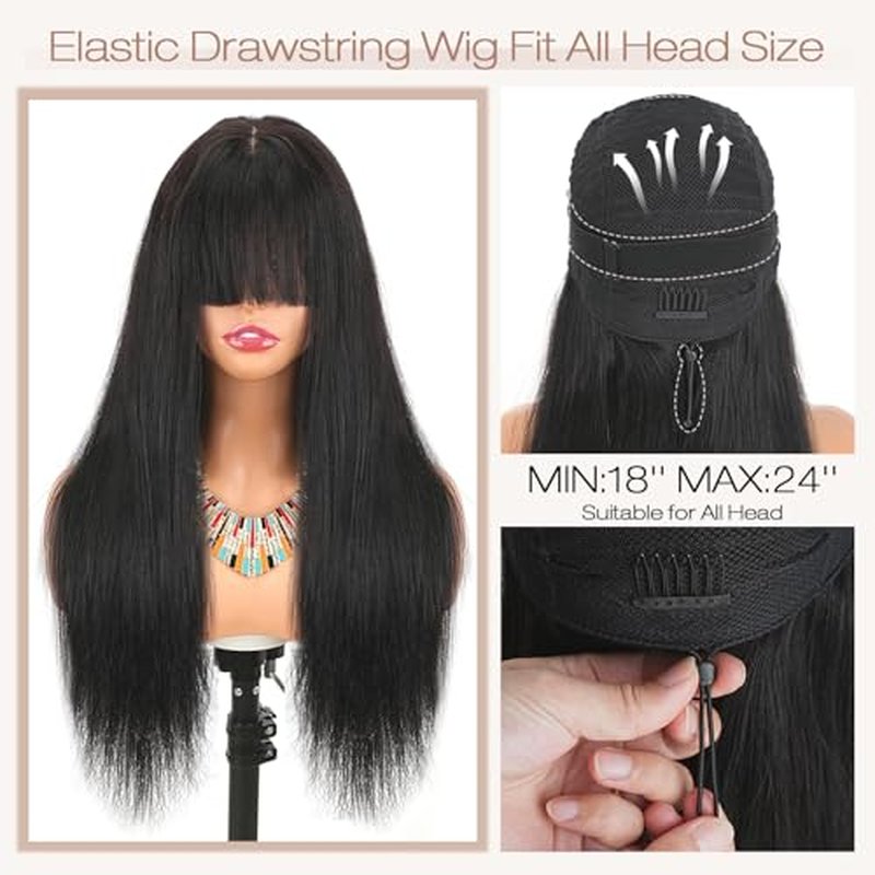 Straight Human Hair Wigs with Bangs 2x4 Lace Closure Wigs Human Hair 180% Density Drawstring Glueless Wigs Human Hair for Women Lace Front Wigs Human Hair Natural Black 18inch.