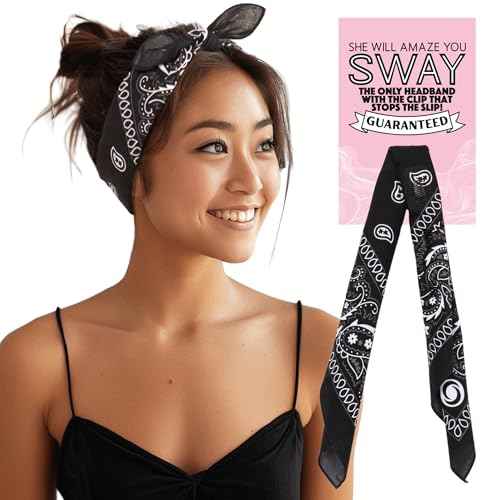 SWAY Cotton Bandana Headband for Women ? 6-Clip Non-Slip Trendy Vintage Rockabilly, Urban & Country Style, Wide Headband, Christmas Gift for Her or Stocking Stuffer, Patented & Handmade in USA
