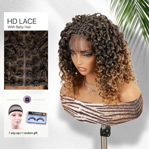 Fancy Hair Braided Wig for Black Women Gogo Curly Braid Wig Double Full Lace Curly Wavy Bob Wig with Baby Hair Pre Plucked Knotless Squrare Part Curly Wig (Ombre Blonde)