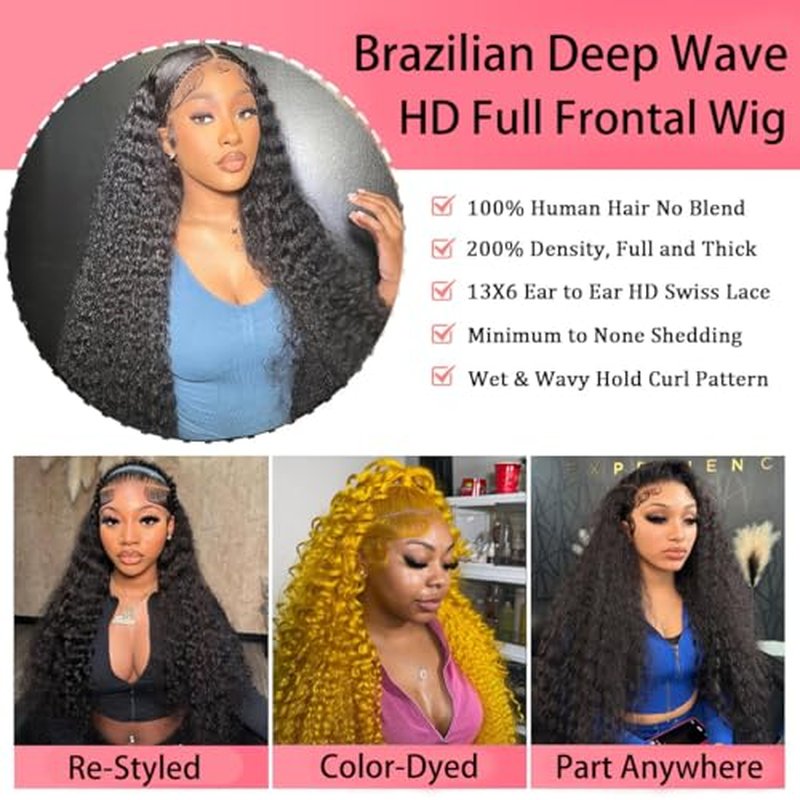Deep Wave Lace Front Wigs Human Hair 200% Density 13x6 HD Transparent Deep Wave Frontal Wigs Human Hair With Baby Hair(24 Inch)