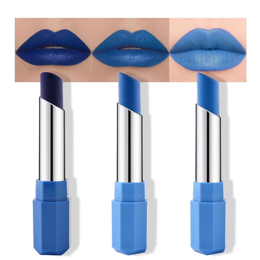 Blue Matte Cream Lipstick Set - 3 Pcs Twist-Up Hydrating Lip Color | Long-Lasting Velvet Finish for Everyday & Parties
