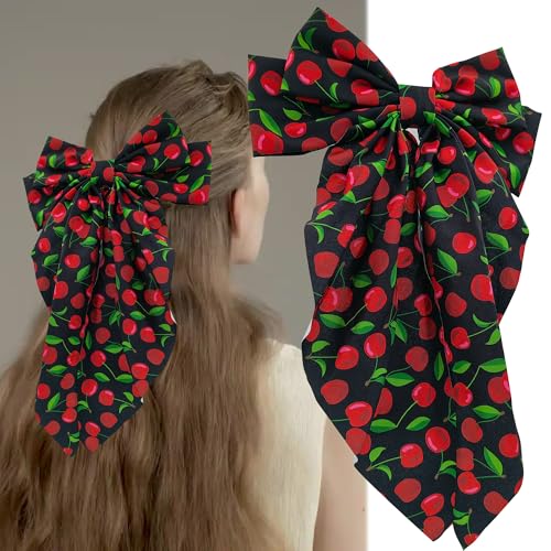 Cherry Hair Bow Clip for Women Red Cherry Large Bowknot Hairpins Long Ribbon Ponytail Holder Cute Fruit Barrettes Decoration Accessories (Black)