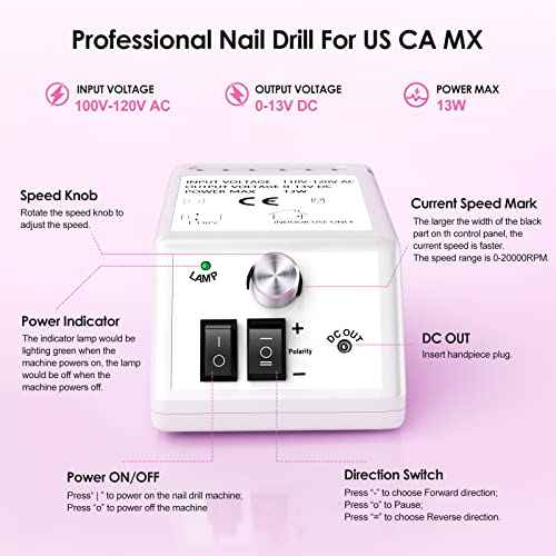 Professional Nail Drill Machine 20000RPM Efile Electric Nail Filer Kit for Finger Toe Nails, Acrylic Gel Nails Manicure Pedicure, with 6Pcs Nail Bits and 106Pcs Sanding Bands - White
