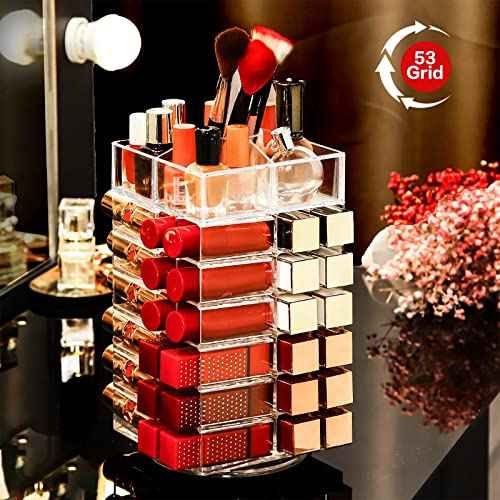 Acrylic Lipstick Tower Holder, 360 Degree Rotating Makeup Cosmetic Lipsticks Organizer with 53 Slots, Spinning Lipgloss Storage Display Stand Holder