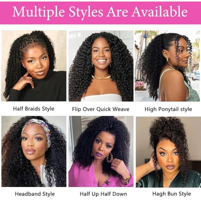 Half Wig Human Hair Afro Kinky Curly Wigs for Black Women 200 Density Glueless Wigs 100% Human Hair Ready to Go 3 In 1 Seamless Flip Over Drawstring Headband Wig for Women Clip in No Sew In 20 Inch