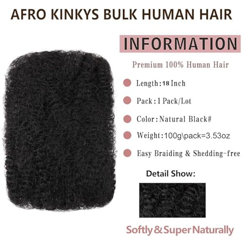 Afro Kinkys Bulk Human Hair Natural Black Afro Kinky-Curly Human Hair Bulk for Twist/Dreadlock Extensions/Repair Locs/Braids 18 Inch 100g/pack Mini Twist Braiding Hair