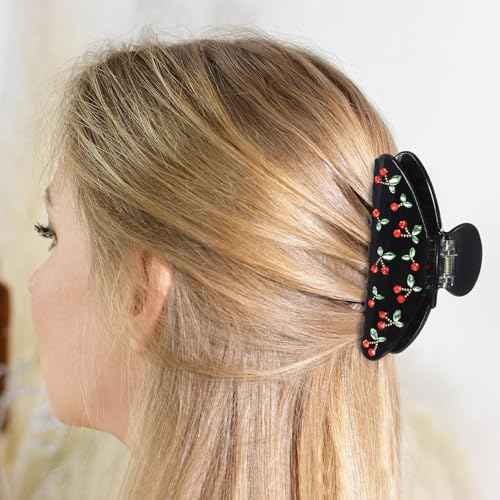 2 PC Acrylic Hair Clips Claws for Women with Rhinestone Red Cherry Claw Clip Cute Aesthetic Hair Fix Hair Clips Birthday Day Gifts for Women (White, Black)