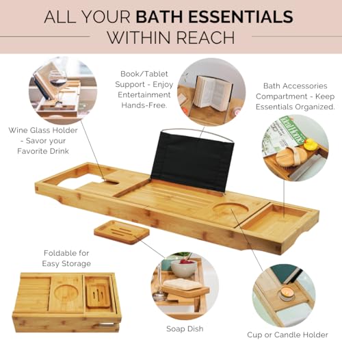 Foldable Bamboo Bathtub Tray Caddy - Expandable Bath Tray for Tub | Secure, Non-Slip Bathtub Caddy Tray for Tub for Bath Accessories, Bath Stuff ? Perfect Relaxing Gifts for Women and Spa Gift Set