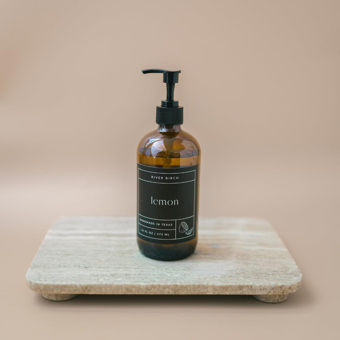 Lemon Scented Natural Hand Soap - Moisturizing Vegan Soap with Amber Glass Dispenser | 16 Fl Oz
