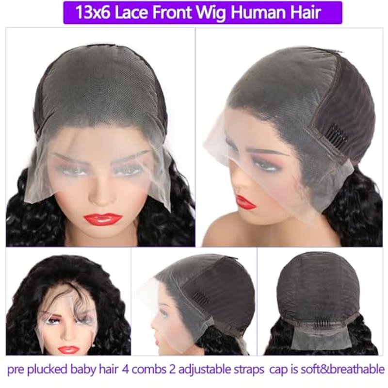 Lemoda 13x6 Water Wave Lace Front Wigs Human Hair 24 inch HD Lace Brazilian 15A Deep Wave Frontal Wigs 180% Density 13x6 Curly Human Hair Wig with Baby Hair Glueless Water Wave Wig For Black Women