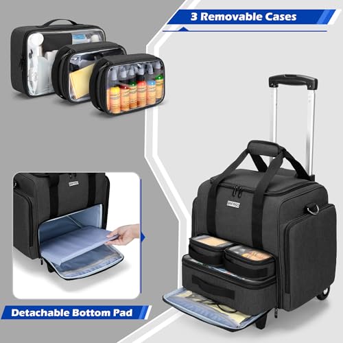 BAFASO Rolling Tattoo Case with 3 Removable Pouches and Detachable Dolly, Tattoo Travel Case for Tattoo Stencil Printer and Tattoo Supplies, Black