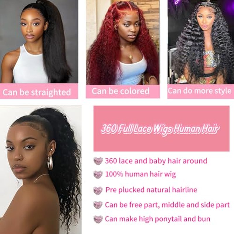 Hidden Strap 360 Lace Front Wigs Human Hair Deep Wave Lace Front GluelessWigs Human Hair Pre Plucked with Drawstring 200% Density 360 Full Lace Frontal Wigs for Black Women 16 Inch