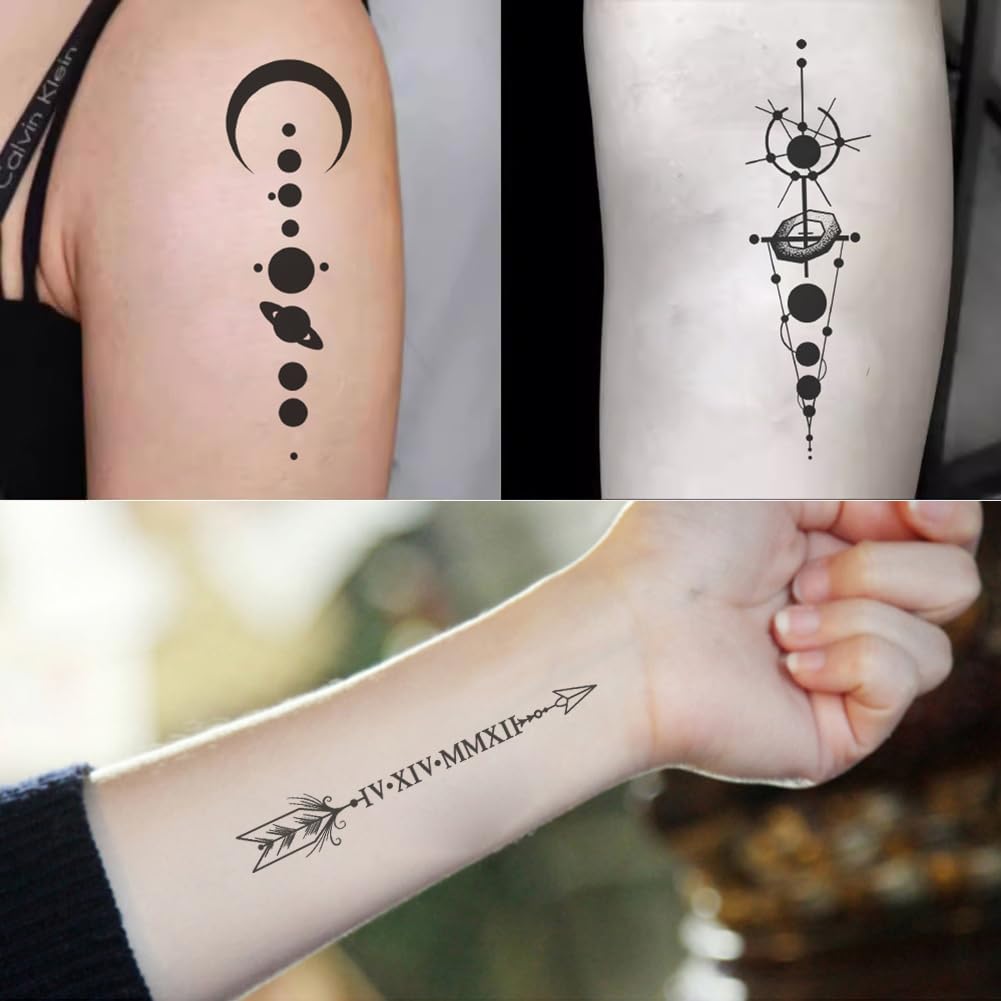 Oottati 8 Sheets Geometric Temporary Tattoos for Adults Men Women, Tribal Arrow Feather Moon Fake Tattoo Stickers, Waterproof Long Lasting Body Art for Arm Wrist