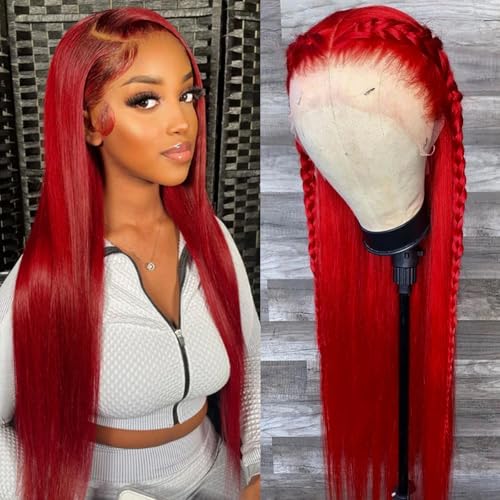 13x6 Red Synthetic Lace Front Wigs Long Straight Hair Red Color Wigs Pre Plucked Wig Natural Hairline Glueless Lace Wigs Heat Resistant Fiber Hair Synthetic Lace Front Wigs for Women Daily Use